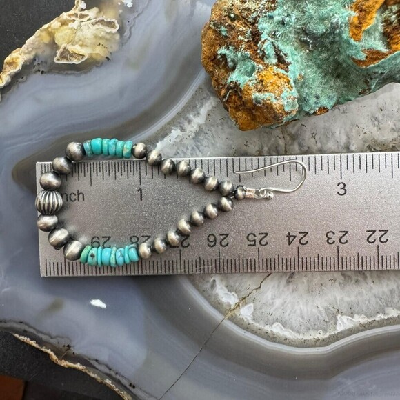 Sterling 4-6.5mm Navajo Pearl Southwester Style&4mm Turquoise Bead Hoop Earrings - Picture 10 of 10